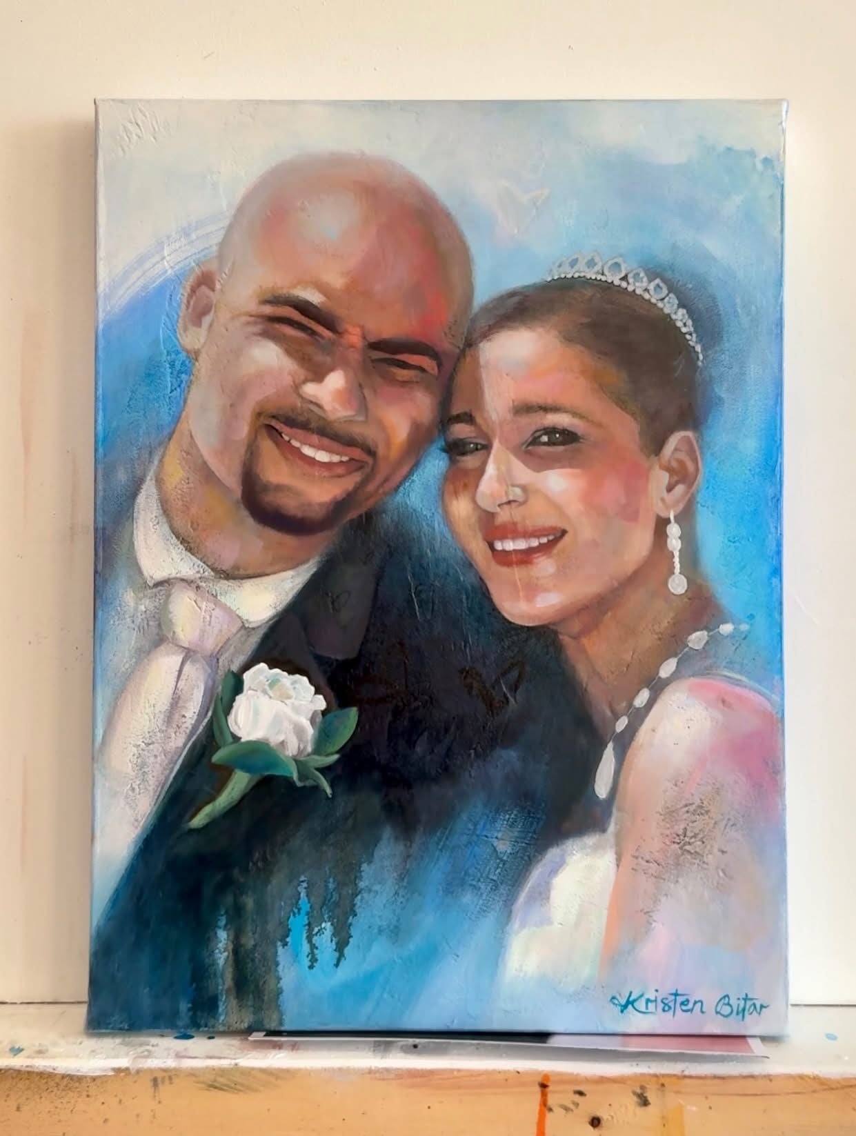 Custom oil painting of a wedding day portrait commissioned by Lisa, by Kristen Bitar
