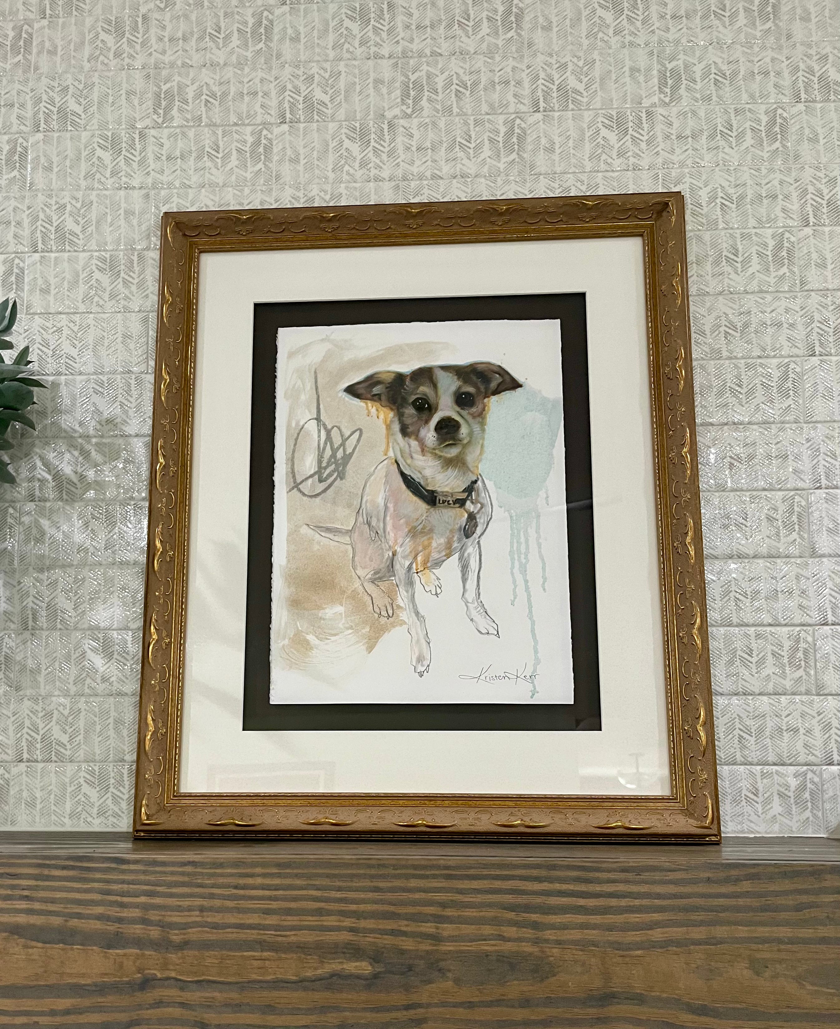 Custom oil painting pet portrait of a dog named Lucy commissioned by Ashton, by Kristen Bitar