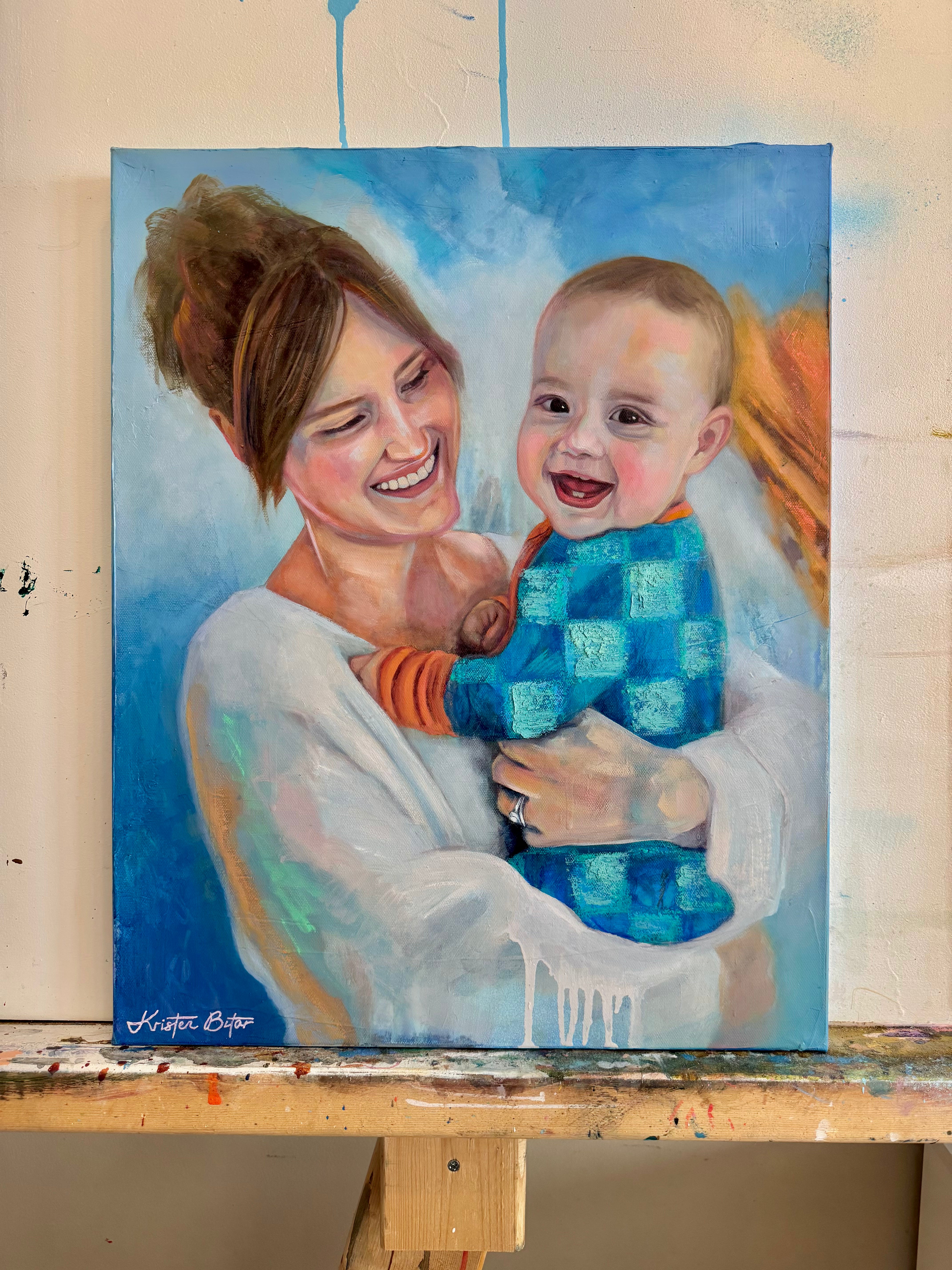 Custom oil painting portrait of a mother and son commissioned by Lucas, by Kristen Bitar