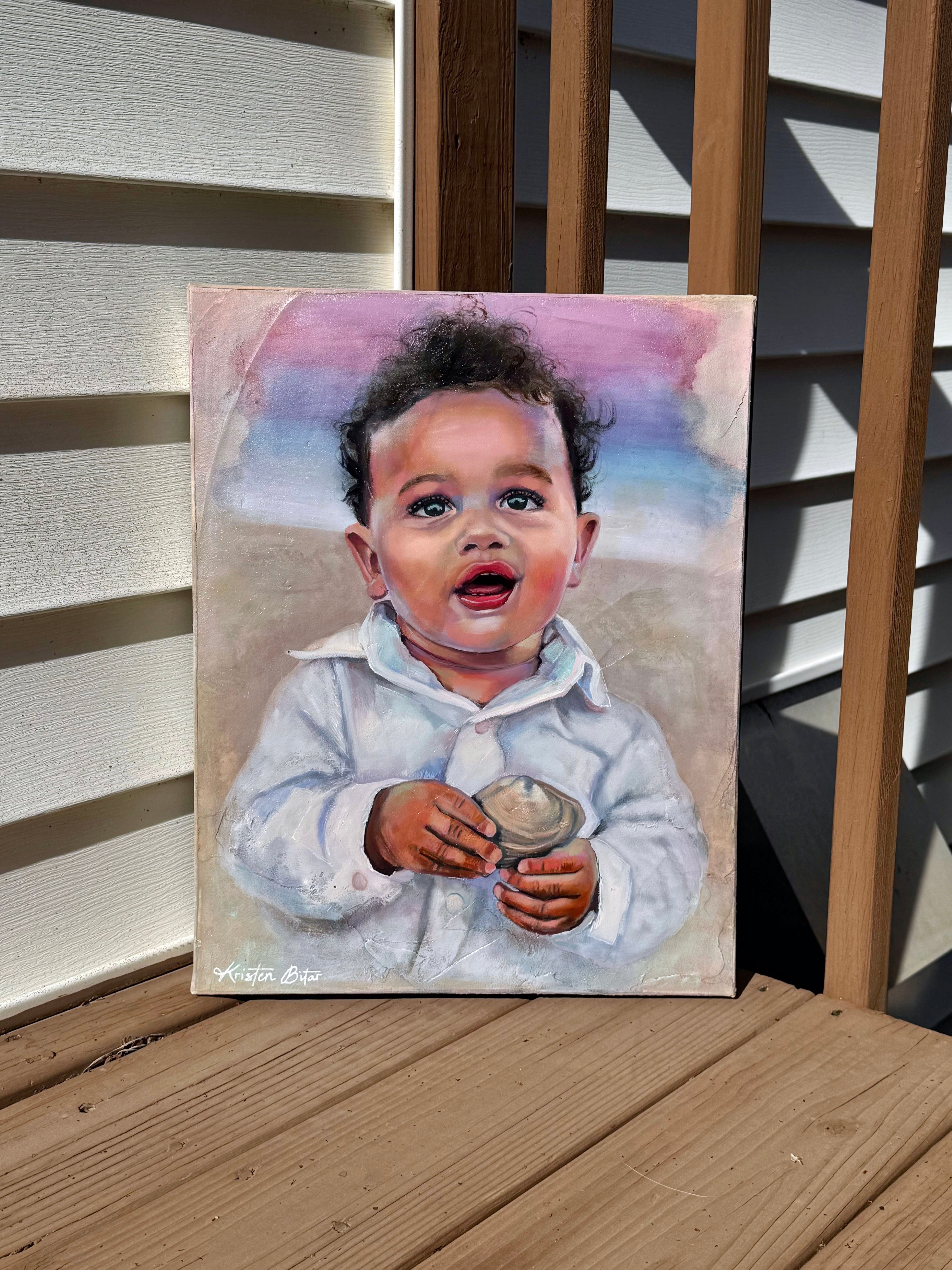Custom oil painting portrait of a toddler boy commissioned by Jessie, by Kristen Bitar