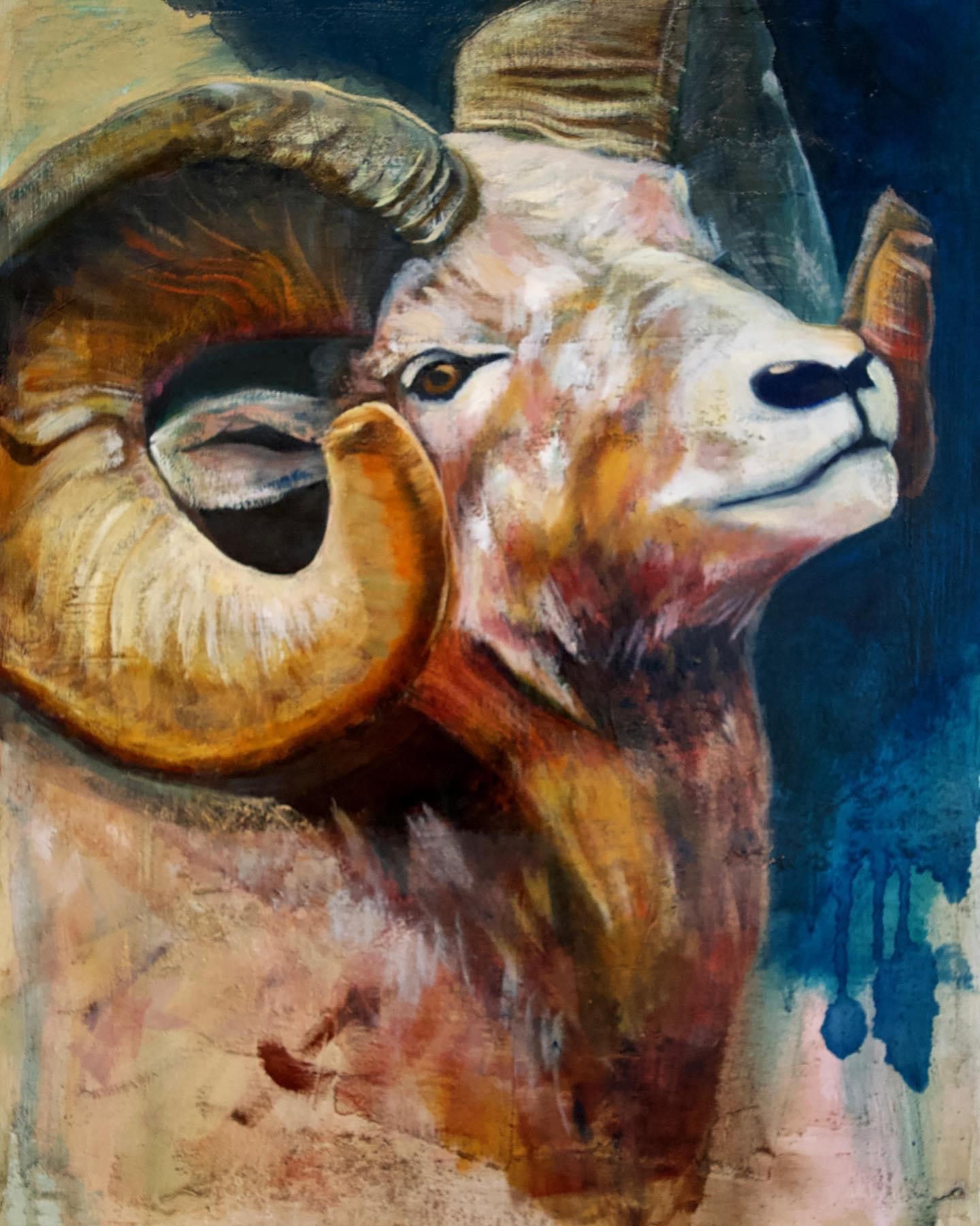 Original oil painting of a bighorn sheep in an abstract atmosphere by artist Kristen Bitar