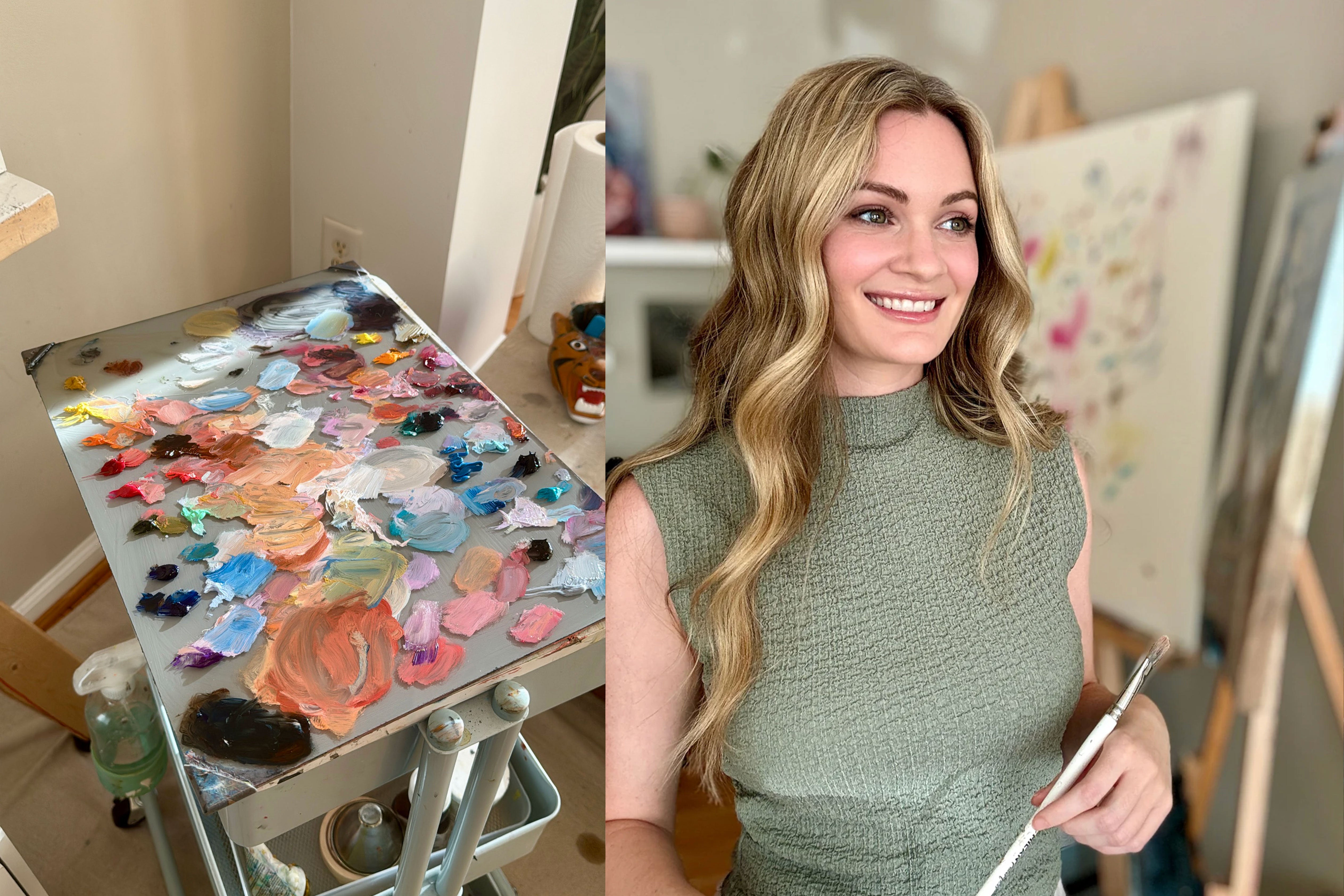 Kristen Bitar holding a paint brush in her Raleigh NC art studio